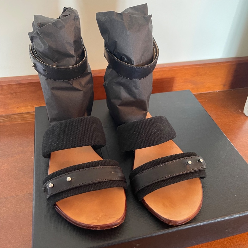 Gorgeous * rag & bone *Black Leather + Canvas Flat Strappy Sandals * Size 38 /8